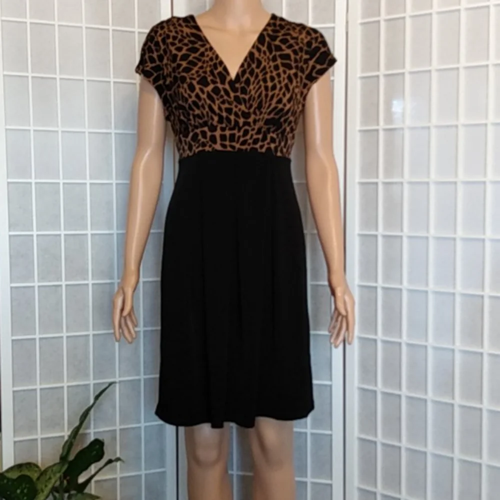Enfocus Studio Midi Dress –‎ Black/Brown Animal Print – V-Neck – 8